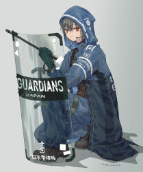  1boy artist_name bad_id bad_pixiv_id baton_(weapon) black_shoes blue_coat blue_pants closed_mouth coat copyright_request dated full_body grey_background grey_hair hair_between_eyes headset holding_baton hood hood_up hooded_coat long_sleeves looking_at_viewer male_focus open_clothes open_coat pants red_eyes riot_shield shadow shield shoden shoes solo squatting thigh_strap weapon 