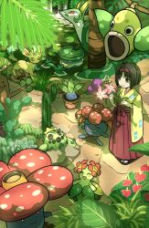  1girl bellossom black_hair botanical_garden cacnea cactus closed_eyes erika_(pokemon) flower gloom_(pokemon) grass hairband hakama highres japanese_clothes kimono leaf leafeon lotad oddish pink_flower plant pokemon pokemon_(creature) pokemon_frlg pond potted_plant purple_flower red_hairband red_hakama serperior short_hair shuan_0420 standing sudowoodo tree vileplume water waterfall weepinbell yellow_kimono 