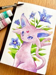  art_tools_in_frame blue_flower bright_pupils commentary_request conachun creature creature_focus espeon flower forehead_jewel forked_tail highres looking_at_viewer no_humans photo_(medium) pokemon pokemon_(creature) pokemon_focus solo tail traditional_media violet_eyes white_pupils 