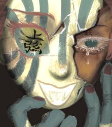  1boy :d akaza_(kimetsu_no_yaiba) ars_wand black_nails black_skin colored_eyebrows colored_eyelashes colored_skin cracked_kawaii_mask crying facial_tattoo fangs hand_tattoo hands_up highres kimetsu_no_yaiba male_focus smile solo tattoo tears translation_request 