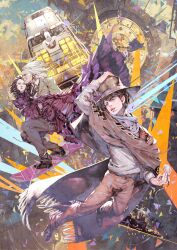  1girl 2boys back_to_the_future back_to_the_future_part_iii black_gloves black_hair blue_eyes brown_hat brown_jacket brown_pants brown_shoes car carrying clara_clayton collared_shirt commentary cowboy_hat delorean dress dress_shirt emmett_brown english_commentary gloves grey_hair hand_on_headwear hat highres hoverboard jacket kazama_raita locomotive long_sleeves marty_mcfly motor_vehicle multiple_boys open_mouth pants pinstripe_pattern pinstripe_shirt pocket_watch poncho princess_carry red_dress shirt shoes short_hair steam_locomotive suit_jacket time_machine watch white_shirt 