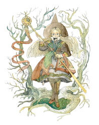  1girl absurdres bare_tree black_hat blonde_hair boots faithschaffer full_body hat highres holding holding_staff long_hair long_sleeves looking_at_viewer original painting_(medium) solo staff standing tassel traditional_media tree very_long_hair watercolor_(medium) witch witch_hat 