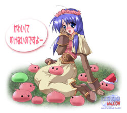  1girl 2000s_(style) :3 acolyte_(ragnarok_online) bad_id blue_eyes blush brown_gloves brown_shirt brown_shoes brown_skirt brown_socks commentary_request full_body gloves hair_tubes hand_on_own_cheek hand_on_own_face hat long_hair long_sleeves maid_headdress maki_(seventh_heaven_maxion) open_mouth poporing poring purple_hair ragnarok_online santa_hat shirt shoes skirt slime_(creature) smile socks solo translation_request white_background 