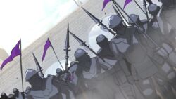  364ing 6+others absurdres armor bridge chromashift clouds commentary commission dutch_angle english_commentary flag full_armor highres holding holding_flag holding_polearm holding_weapon multiple_others outdoors polearm second-party_source sky spear weapon 