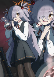  1girl antique_firearm bags_under_eyes black_pantyhose blue_archive blunderbuss brown_eyes choker collared_shirt dress flask gabuillust grey_hair gun hair_ornament hair_over_one_eye halo highres holding holding_flask kanoe_(blue_archive) long_hair long_sleeves looking_at_viewer open_mouth own_hands_together pantyhose pinafore_dress ribbon shirt sleeveless sleeveless_dress smile solo two_side_up very_long_hair weapon white_shirt 