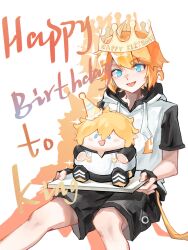 1boy ahoge aotu_world belt birthday birthday_cake black_gloves black_shorts blonde_hair blue_eyes cake character_cake character_doll character_name chinese_commentary colored_shadow crown doll drawstring english_text feet_out_of_frame fingerless_gloves food gloves happy_birthday hat highres holding holding_plate hood hood_down hoodie king_(aotu_world) looking_at_viewer male_focus multicolored_hoodie open_mouth party_hat plate pointy_ears shadow shengyu66216 short_hair short_sleeves shorts sitting smile solo sparkle white_background white_hoodie yellow_belt 