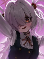  1girl :d absurdres aoteka bags_under_eyes blue_archive blush brown_eyes brown_halo collared_shirt diagonal-striped_ribbon dress eyeball_hair_ornament grey_hair hair_over_one_eye halo heart heart-shaped_pupils highres kanoe_(blue_archive) long_hair long_sleeves looking_at_viewer multicolored_eyes open_mouth pinafore_dress pink_background ribbon scar scar_on_neck shirt sleeveless sleeveless_dress smile solo symbol-shaped_pupils two-tone_eyes two_side_up white_shirt yandere 