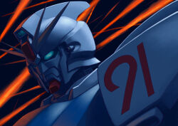  alternate_form battle blue_eyes character_name commentary_request energy_beam f91_gundam gun gundam gundam_f91 highres looking_down machine_gun makeinu_(makeinu_3renpai) mask mecha mecha_focus mobile_suit no_humans realistic robot roundel science_fiction solo space unworn_mask v-fin weapon 