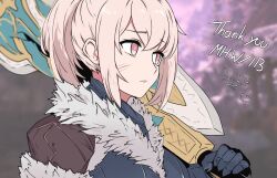  1girl blurry blurry_background closed_mouth commentary dated english_commentary fur_collar furrowed_brow grey_hair heart holding holding_sword holding_weapon looking_ahead monster_hunter:_world monster_hunter_(character) monster_hunter_(series) ponytail red_eyes scar sidelocks solo sword tavi_(hosheezus) thank_you weapon 