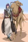  ahoge arabian bandage bandages blue_hair camel cape desert highres hood kamui_gakupo long_hair male purple_hair solo sword vocaloid weapon 