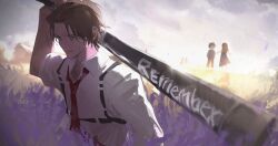  1boy 1girl brown_hair catherine_(project_moon) closed_mouth collared_shirt field flower flower_field hand_up heathcliff_(project_moon) kyoro_ina limbus_company long_sleeves necktie project_moon purple_flower red_necktie scar scar_on_arm scar_on_face shirt upper_body violet_eyes white_shirt 