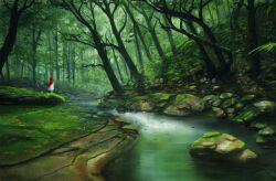  1girl dress forest from_behind green_theme jjcanvas landscape leaf moss nature original painterly red_hair river rock signature tree water white_dress 