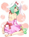  ai-kun animal_ears bad_id barefoot bow bunny_ears bunny_tail dress elbow_gloves from_behind fur_hat gloves green_hair hat kneeling macross macross_frontier open_mouth ranka_lee red_eyes sakura_ran short_hair smile solo tail 