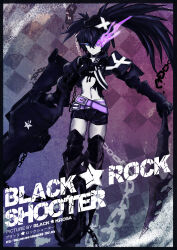  1girl absurdres armor armored_boots belt belt_skirt black_choker black_krosa black_rock_shooter black_shorts boots chain choker fire flaming_eye gauntlets greaves highres huge_weapon insane_black_rock_shooter long_hair loose_belt pale_skin purple_fire rock_cannon scar shorts stitches sword twintails uneven_twintails weapon 