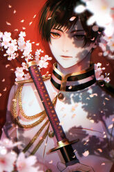  1boy absurdres aiguillette axis_powers_hetalia black_hair blurry blurry_foreground branch breast_pocket buttons cherry_blossoms flower gloves hand_up highres holding holding_sword holding_weapon jacket japan_(hetalia) katana lips long_sleeves looking_at_viewer male_focus military military_jacket military_uniform npyon open_mouth orange_eyes petals pink_flower pocket red_background shadow short_hair simple_background solo sword upper_body weapon white_gloves white_jacket 