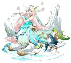  1girl barding bare_shoulders big_hair blowing blue_dress blue_ribbon blue_veil bracer breasts bug butterfly centaur centauroid cleavage_cutout clothing_cutout cross-shaped_pupils dress dress_flower elisse_(langrisser) flower flute full_body game_cg gold_trim golden_butterfly gradient_clothes gradient_dress green_eyes green_trim hair_ornament highres holding holding_flute holding_instrument hooves horns instrument langrisser langrisser_mobile layered_dress long_hair looking_at_viewer lying monster_girl multiple_legs music official_alternate_costume official_art parted_bangs pink_hair plant playing_flute playing_instrument pointy_ears ribbon rock second-party_source simple_background single_horn sleeveless sleeveless_dress small_breasts solo sparkling_water stream symbol-shaped_pupils tachi-e taur transparent_background unicorn_horn veil very_long_hair vines water white_flower white_wrist_cuffs wrist_cuffs yellow_butterfly 