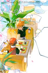  2boys absurdres baseball_cap black_shirt blue_oak bracelet brown_hair closed_eyes fiy1827565 food french_fries from_above hat highres jewelry male_focus mcdonald's multiple_boys on_shoulder open_mouth orange_hair pikachu plant pokemon_(creature) pokemon_on_shoulder potted_plant red_(pokemon) red_hat red_vest restaurant shirt short_hair sitting smile speech_bubble spiky_hair t-shirt table teeth vest window 