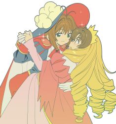  1boy 1girl betti_(xx_betti) blonde_hair blue_hat brown_eyes brown_hair cardcaptor_sakura crossdressing crossdressing_(ftm) crossdressing_(mtf) eye_contact gloves green_eyes hair_visible_through_wig hat hetero highres holding_hands kinomoto_sakura kinomoto_sakura_(sakura_prince) li_syaoran li_syaoran_(princess_costume) light_blush long_hair looking_at_another official_alternate_costume open_mouth prince princess short_hair simple_background smile sweat white_background white_gloves 