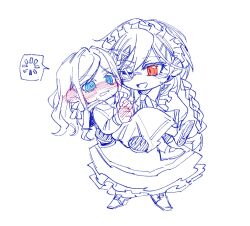  2girls ;d blue_theme blush braid carrying ceras_yanagida_lilienfeld commentary deformed dress embarrassed hair_ornament hair_ribbon hasu_no_sora_school_uniform katsuragi_izumi link!_like!_love_live! loading_icon long_dress long_hair long_sleeves love_live! maid maid_headdress monochrome monocle multiple_girls neckerchief nose_blush official_alternate_costume one_eye_closed open_mouth parted_bangs pleated_dress princess_carry ribbon ringed_eyes sailor_collar sailor_dress school_uniform shoes simple_background single_braid smile spoken_symbol spot_color sweatdrop symbol-only_commentary triangle_hair_ornament virtual_youtuber white_background winter_uniform yrxy_settingsun yuri 