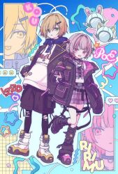  1boy 1girl :d arm_belt asahara badge bat_necklace belt belt_buckle black_belt black_collar black_jacket black_leg_warmers black_leggings black_shorts black_straps blonde_hair blue_background blue_hood blue_outline blunt_bangs blush boots buckle button_badge caution chain chain_necklace character_name clothes_writing collar colored_inner_hair colorful_background crop_top cross-laced_clothes cross-laced_top drawstring earclip fang food_print fruit_print full_body green_eyes grey_hair hair_intakes hair_ornament hair_over_one_eye hairclip heart helmet highres hood hood_down hoodie jacket jewelry lace-up_boots lapels leg_belt leg_tattoo leg_warmers leggings lightning_bolt_print looking_at_viewer loose_belt makaino_ririmu makaino_ririmu_(6th_costume) midriff miniskirt multicolored_hair multicolored_hair_bobbles multiple_belts navel necklace nijisanji no_headwear notched_lapels o-ring o-ring_collar o-ring_thigh_strap open_clothes open_jacket outline parted_lips pendant pink_belt pink_hair pink_jacket pink_shoes pink_skirt pink_streaks plaid_clothes plaid_skirt pleated_skirt pocket pointy_ears print_hoodie projected_inset red_eyes shoelaces shoes short_hair shorts skin_fang skirt sleeves_past_fingers sleeves_past_wrists smile spiked_collar spikes spoken_expression spoken_heart standing standing_on_one_leg strawberry_print streaked_hair tattoo thigh_strap torn_clothes torn_leggings two-sided_fabric two-sided_jacket two-tone_hair two_side_up unbuttoned unworn_headwear unworn_helmet unzipped uzuki_kou uzuki_kou_(5th_costume) v virtual_youtuber white_boots white_hoodie winged_heart winged_heart_tattoo wolf_cut yellow_trim 