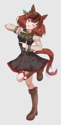  1girl ;d animal_ears black_dress blush boots bow bowtie brown_eyes brown_hair brown_shirt brown_shoes collared_shirt commentary_request dress ear_covers finger_frame full_body green_bow green_bowtie highres horse_ears horse_girl horse_tail juliet_sleeves kneehighs lace-up_boots long_sleeves looking_at_viewer multicolored_hair nice_nature_(poinsettia_ribbon)_(umamusume) nice_nature_(umamusume) o-ring o-ring_thigh_strap one_eye_closed open_mouth profnote puffy_sleeves red_bow red_bowtie red_socks shirt shoes simple_background smile socks solo standing standing_on_one_leg streaked_hair striped_bow striped_bowtie striped_clothes tail thigh_strap two_side_up umamusume white_background 