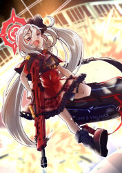  1girl akaimame bag blue_archive boots commentary_request duffel_bag explosion explosion_background grey_hair gun h&amp;k_mg5 halo highres long_hair looking_at_viewer machine_gun mutsuki_(blue_archive) night night_sky open_mouth red_eyes red_halo shirt side_ponytail skirt sky solo walking weapon white_hair 