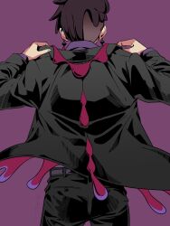  1boy arms_up belt black_coat black_pants coat collared_shirt corbeau_(pokemon) cowboy_shot floating_clothes highres layered_sleeves long_sleeves male_focus nekokawai1ii7 pants pokemon pokemon_legends:_z-a purple_background purple_hair purple_shirt shirt short_hair simple_background solo standing undercut 