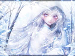  1girl bare_tree blue_eyes closed_mouth commentary_request japanese_clothes kimono leaf letterboxed lips long_hair long_sleeves misaki_(kyal_001) original outdoors shiromuku smile snow snowing solo tree uchikake upper_body white_hair white_kimono wide_sleeves wind winter yuki_onna 