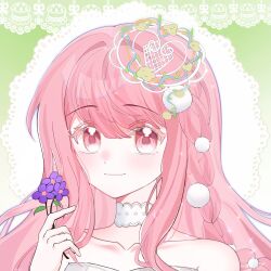  1girl absurdres bare_shoulders blue_outline blunt_bangs chinese_commentary choker closed_mouth collarbone colored_eyelashes commentary_request dot_nose dress fanfanjiadeayuanjiang flower garden_of_time_(shining_nikki) gradient_background green_background hair_between_eyes hair_intakes hair_ornament happy highres holding holding_flower lace lace_background lace_choker light_blush light_particles looking_at_viewer loose_hair_strand nikki_(nikki) nikki_(series) outline pink_eyes pom_pom_(clothes) pom_pom_hair_ornament purple_flower shining_nikki smile solo strapless strapless_dress two-tone_background upper_body white_background white_choker white_dress 