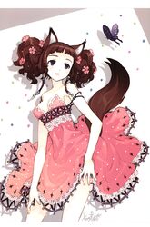  animal_ears bare_shoulders blue_eyes braid breasts brown_hair butterfly cleavage dress face flower fox_ears fox_tail hair_flower hair_ornament highres long_hair looking_up open_mouth original pink_dress scan skirt skirt_lift smile solo tail tearfish twin_braids 