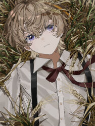  1boy absurdres bishounen black_suspenders blonde_hair brown_ribbon character_request copyright_request d: from_above grass hair_between_eyes highres looking_at_viewer lying male_focus matsuhago neck_ribbon on_back on_grass parted_lips ribbon shirt short_hair sidelocks solo suspenders tearing_up teeth upper_body violet_eyes wheat wheat_field white_shirt wing_collar 