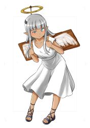 1girl absurdres angel black_sandals blue_eyes blunt_bangs blush breasts collarbone dark-skinned_female dark_elf dark_skin drawn_wings dress elf fake_halo fake_wings frown full_body gold_halo grey_hair half-closed_eye halo highres karla_(kono_healer_mendokusai) kono_healer_mendokusai long_hair looking_at_viewer official_art pointy_ears sandals short_sleeves simple_background small_breasts solo tannen_ni_hakkou uneven_eyes white_background white_dress wings wooden_board 