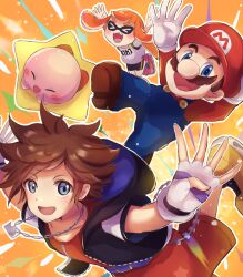  >_< 1girl 2boys :d arms_up black_shorts blue_eyes blue_overalls blush blush_stickers brown_hair brown_shoes chain chain_necklace commentary_request crown_necklace facial_hair fangs fingerless_gloves floating gloves hat hood hood_down hooded_jacket inkling inkling_girl inkling_player_character jacket jewelry kingdom_hearts kirby kirby_(series) letter_print long_sleeves looking_at_viewer mario multiple_boys mustache necklace norimaki_(nrmk_norinori) open_clothes open_jacket open_mouth orange_background orange_hair overalls pink_shoes pointy_ears red_hat shirt shoes short_hair short_sleeves shorts smile sora_(kingdom_hearts) spiky_hair splatoon_(series) super_mario_bros. super_smash_bros. tentacle_hair white_gloves white_shirt xd yellow_background yellow_shoes 