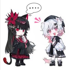  ... 2girls :d animal_ears beret black_hair black_hat cat_ears cat_girl cat_tail chibi chibi_only chinese_commentary commentary_request dog_ears dog_girl dog_tail fang flower full_body gradient_hair hair_flower hair_ornament hat highres kemonomimi_mode lnyulingyu77609 long_hair long_sleeves looking_at_viewer mahou_shoujo_no_majo_saiban multicolored_hair multiple_girls necktie nikaido_hiro notice_lines open_mouth pink_eyes red_eyes red_flower red_necktie sakuraba_ema short_hair simple_background smile spoken_ellipsis standing tail white_background white_flower white_hair x_hair_ornament 