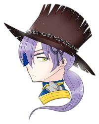  1girl armor blue_flower blue_rose brown_hat chain closed_mouth commentary_request expressionless flower flower_eyepatch green_eyes hat long_hair looking_at_viewer low_ponytail oekakipikki official_alternate_costume pauldrons ponytail portrait purple_hair ragnarok_online rose royal_guard_(ragnarok_online) shoulder_armor simple_background solo top_hat white_background 