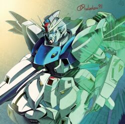  alternate_form barutan beam_cannon beam_shield blue_eyes cable commentary_request energy f91_gundam glowing glowing_eyes gun gundam gundam_f91 lens_flare machine_gun machinery mask mecha mecha_focus mobile_suit no_humans realistic robot science_fiction signature unworn_mask v-fin weapon 