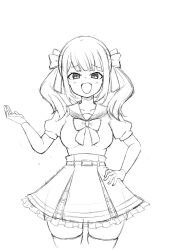  1girl :d adapted_costume assault_lily belt belt_buckle blunt_bangs blush bow bowtie breasts buckle commentary_request cowboy_shot fang frilled_skirt frills greyscale hair_bow hand_on_own_hip hand_up high-waist_skirt highres jewelry kanba_girls_high_school_uniform looking_at_viewer medium_breasts medium_hair miniskirt monochrome open_mouth puffy_short_sleeves puffy_sleeves raised_eyebrows ring sadamori_himeka sailor_collar school_uniform serafuku shirt short_sleeves simple_background sketch skin_fang skirt smile solo standing thigh-highs twintails unu_(yayoinoasagohan) white_background zettai_ryouiki 