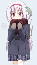  1girl bag blush brown_mittens coat commentary_request grey_skirt hairband highres long_hair mittens original paid_reward_available pleated_skirt red_scarf ri-net scarf simple_background skirt solo thigh-highs very_long_hair white_thighhighs 