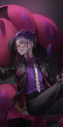  1boy black-framed_eyewear black_hair black_jacket black_pants bug centipede closed_eyes collared_shirt corbeau_(pokemon) eyewear_strap firstsun_d glasses highres jacket long_sleeves male_focus mega_stone necktie open_clothes open_jacket pants parted_hair parted_lips pokemon pokemon_(creature) pokemon_legends:_z-a purple_hair purple_shirt round_eyewear scolipede shirt short_hair short_sideburns sitting smile undercut white_necktie yellow_eyes 