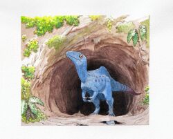  altispinax animal_focus black_eyes bush cave closed_mouth colored_sclera commentary dinosaur fern highres no_humans orange_sclera original painting_(medium) paleoart puddle solo theropod traditional_media user_haug8323 watercolor_(medium) 