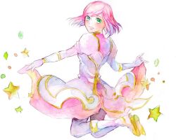  1girl :d dress estellise_sidos_heurassein gloves green_eyes koruri_(unubore_tekagami) looking_back painting_(medium) pink_hair short_hair smile solo star_(symbol) tales_of_(series) tales_of_vesperia traditional_media watercolor_(medium) white_background 