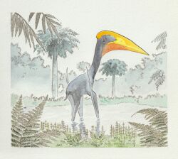  absurdres animal_focus black_eyes border bush closed_mouth colored_sclera commentary fern hatzegopteryx highres no_humans original painting_(medium) paleoart partially_submerged pond pterosaur red_sclera solo traditional_media tree user_haug8323 watercolor_(medium) 