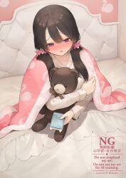 bed black_hair blush cellphone commentary_request hair_over_shoulder holding holding_phone hu_kotora hugging_object indoors long_hair low_twintails nose_blush original pajamas parted_lips phone shirt sick smartphone solo stuffed_animal stuffed_toy teddy_bear twintails under_covers violet_eyes watermark white_pajamas white_shirt 