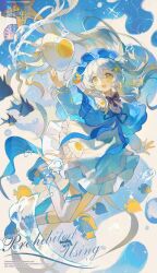  1girl :d absurdres asymmetrical_legwear black_bow black_bowtie blue_capelet blue_hat blue_ribbon blue_shoes bow bowtie capelet day double-parted_bangs dress egg_(food) food full_body hair_between_eyes hand_up hat highres jellyfish long_hair long_sleeves neck_ribbon open_mouth original outdoors ribbon shoes single_sock single_thighhigh smile socks solo thigh-highs uneven_legwear watermark white_dress white_hair white_socks white_thighhighs yellow_eyes yi_kuai_cha_suyou 