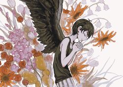  1boy absurdres angel_wings black_tank_top cactus closed_eyes closed_mouth colored_skin dangoiz flower gladiolus highres interlocked_fingers lily_of_the_valley male_focus omori omori_(omori) own_hands_clasped own_hands_together red_flower red_rose rose shorts solo striped_clothes striped_shorts sunflower tank_top tulip vertical-striped_clothes vertical-striped_shorts white_flower white_shorts white_skin white_tulip wings 