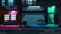  balcony building condenser_unit garage hashtag-only_commentary highres kroizzz night no_humans original pixel_art railing road scenery sign street vending_machine 