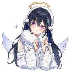  1girl angel_wings beret black_hair cropped_torso double-parted_bangs dress fur_collar hair_between_eyes hair_ornament halo hat head_tilt heart highres ichinose_uruha ichinose_uruha_(7th_costume) looking_at_viewer low_twintails lupinus_virtual_games multicolored_hair pom_pom_(clothes) pom_pom_hair_ornament sasamisable see-through_clothes see-through_sleeves simple_background smile solo streaked_hair twintails upper_body violet_eyes virtual_youtuber vspo! white_background white_dress white_hat wide_sleeves wings 