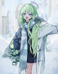  1girl bag bag_charm black_cardigan blue_skirt cardigan character_charm charm_(object) chico_(yuzuha_riko) clover coat commentary dandandanholo day feet_out_of_frame four-leaf_clover green_hair green_jacket grey_coat grey_scarf hair_over_shoulder jacket long_hair looking_at_viewer miniskirt open_clothes open_coat open_mouth outdoors pleated_skirt scarf school_bag shoulder_bag skirt snow snowing solo standing stellive striped_clothes striped_scarf symbol-only_commentary violet_eyes virtual_youtuber winter winter_clothes yuzuha_riko 