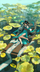  1girl absurdres alternate_costume arknights black_hair boat dragon_girl dragon_horns dragon_tail dusk_(arknights) hair_over_one_eye highres horns looking_at_viewer plant red_eyes scroll tail toto_(caaaaarrot) watercraft 