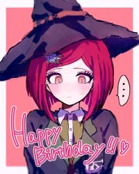  ... 1girl black_hat black_jacket blush brown_eyes collared_shirt danganronpa_(series) danganronpa_v3:_killing_harmony dress_shirt erqi_(happy_296) gem_hair_ornament green_shirt happy_birthday hat highres jacket red_background red_hair shirt short_hair solo spoken_ellipsis white_background witch_hat yumeno_himiko 